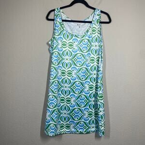 Before + Again Large Scoop Tank Mini Dress Green Silky Geometric Sleeveless